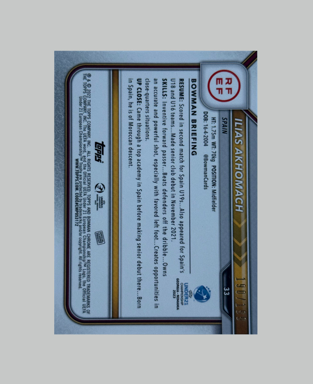 Topps Bowman Chrome UEFA U21 Ilias Akhomach 190/199