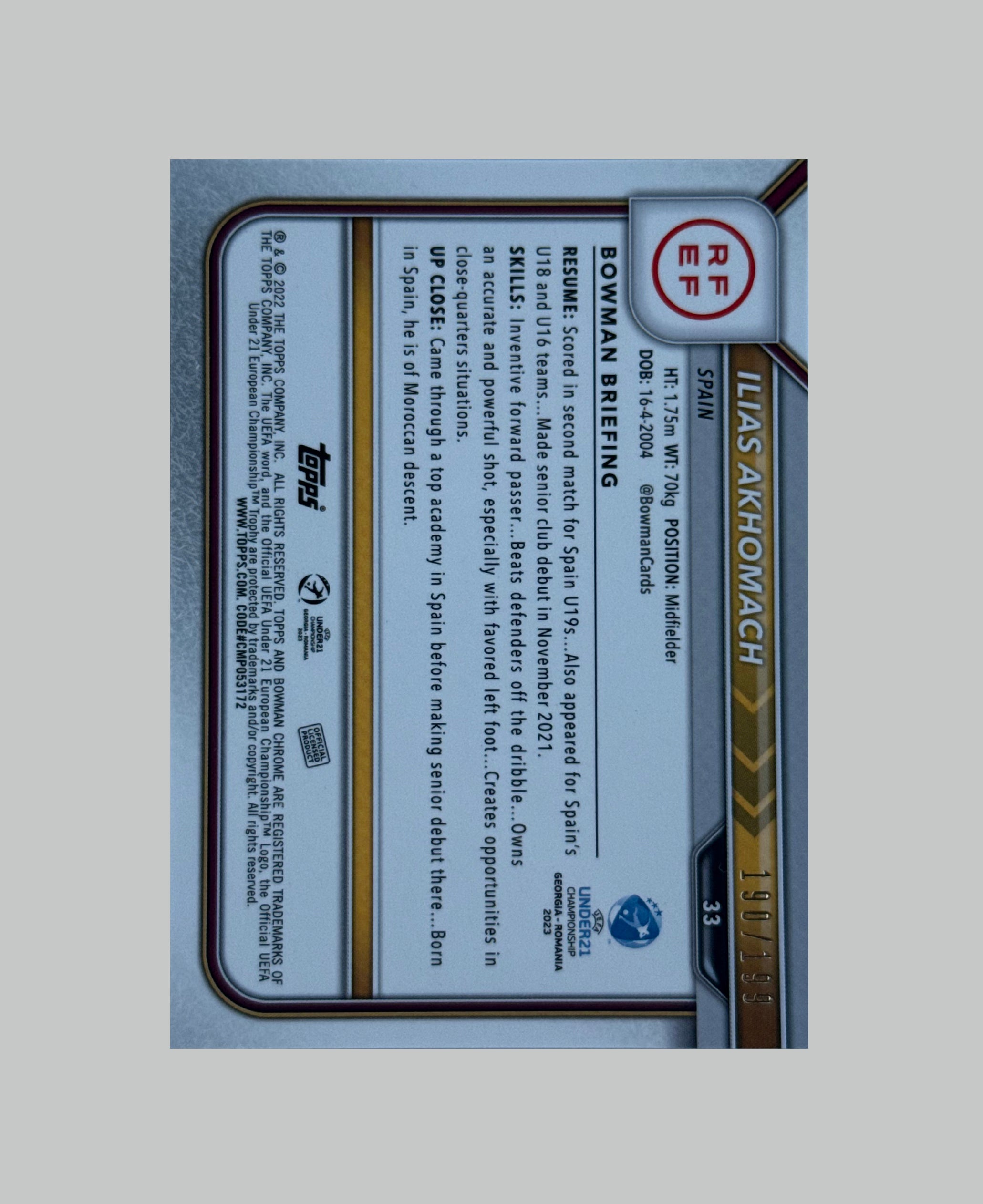 Topps Bowman Chrome UEFA U21 Ilias Akhomach 190/199