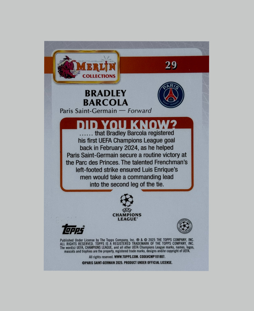 Topps Merlin 2024-25 Bradley Barcola 186/199