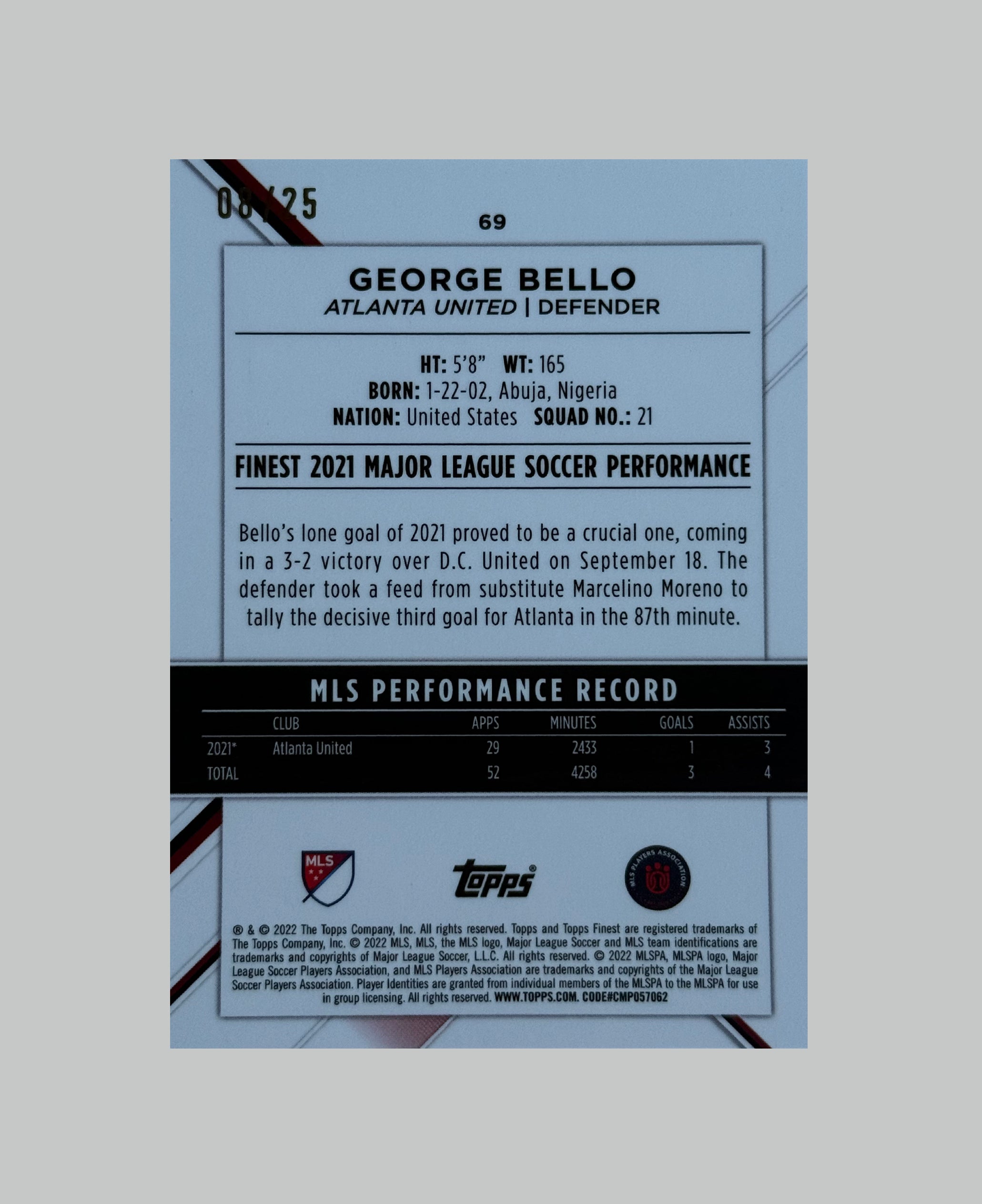 Topps Finest MLS George Bello 08/25