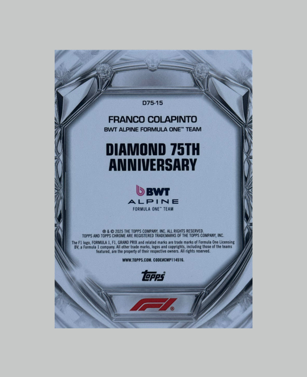Topps Chrome F1 Franco Colapinto Diamond 75th Anniversary