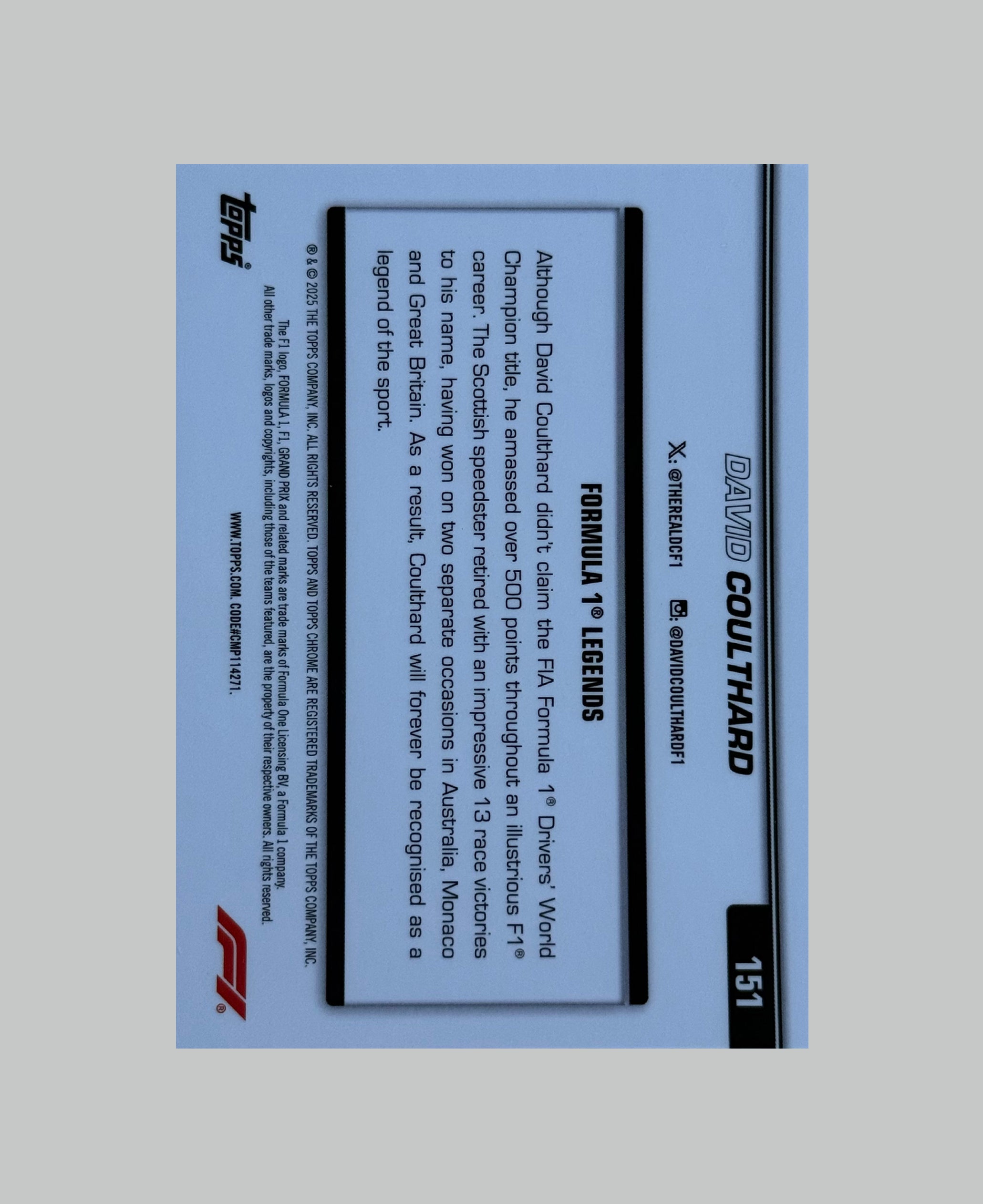 Topps Chrome F1 2025 David Coulthard 188/199