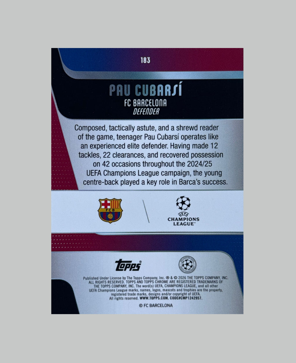 Topps Chrome UCC 2025-26 Pau Cubarsi