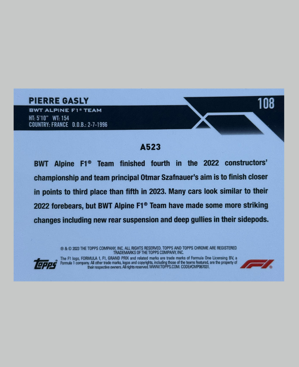 Topps Chrome F1 2023 Pierre Gasly Checker Flag
