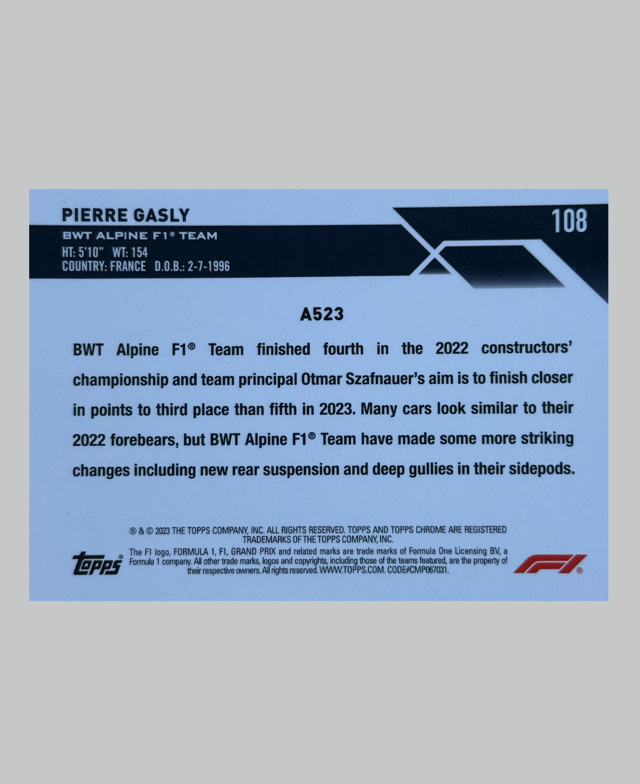 Topps Chrome F1 2023 Pierre Gasly Checker Flag