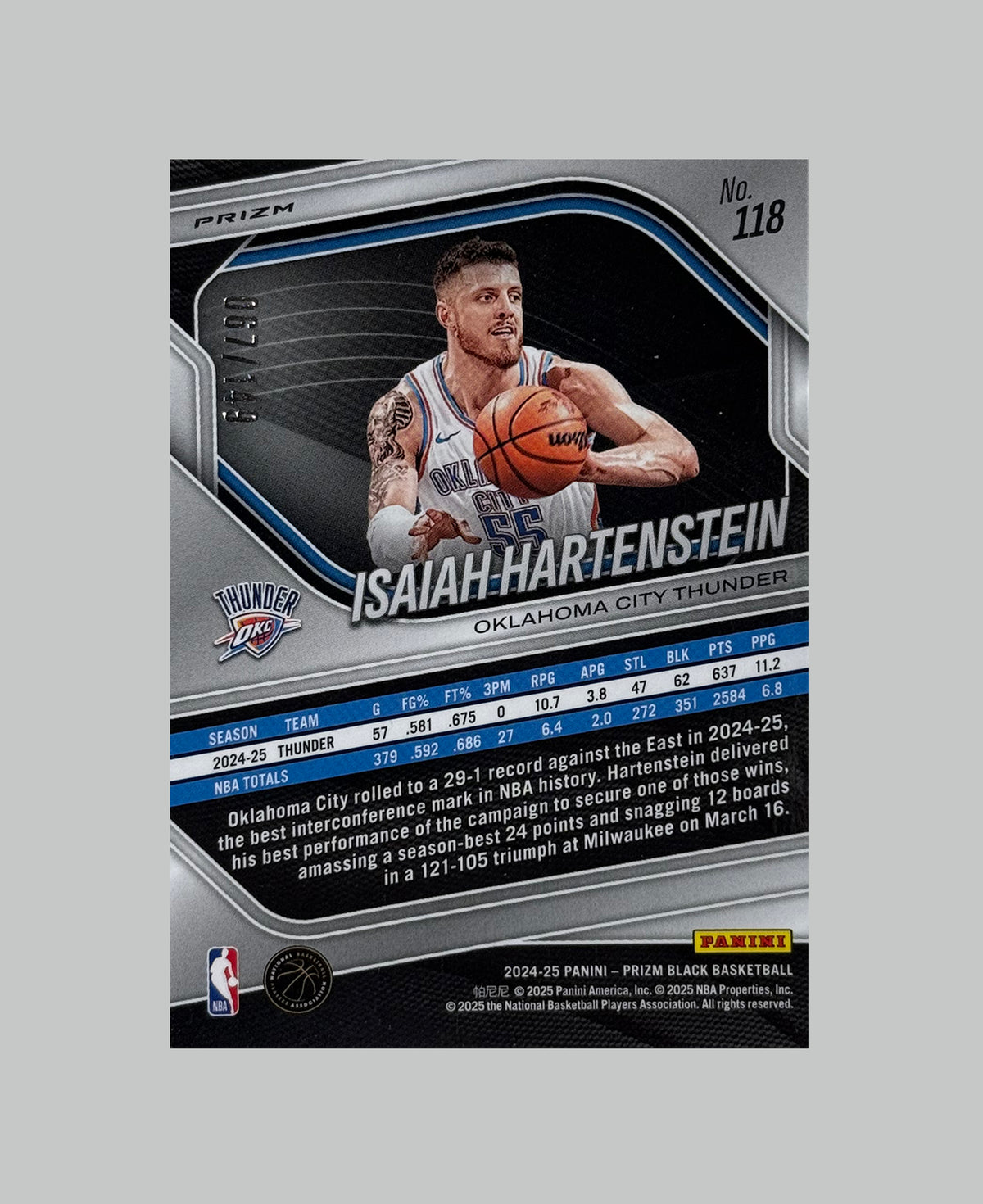 Panini Prizm Black 2024-25 Isaiah Hartenstein 067/149