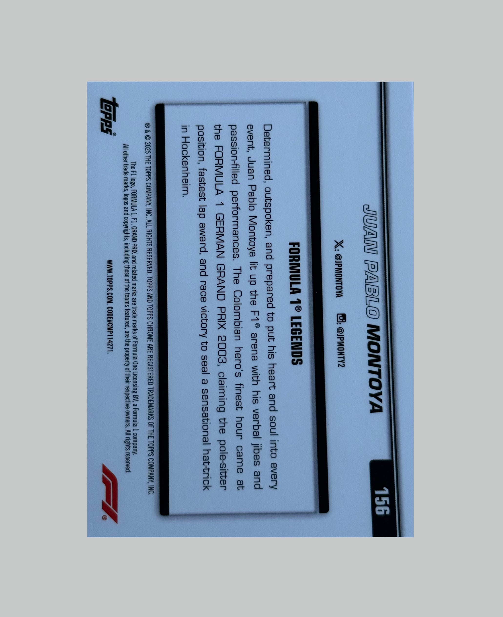 Topps Chrome F1 2025 Juan Pablo Montoya 114/140