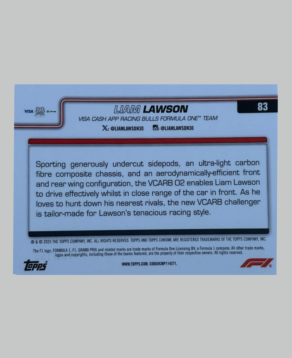 Topps Chrome F1 2025 Liam Lawson (RC) 180/199