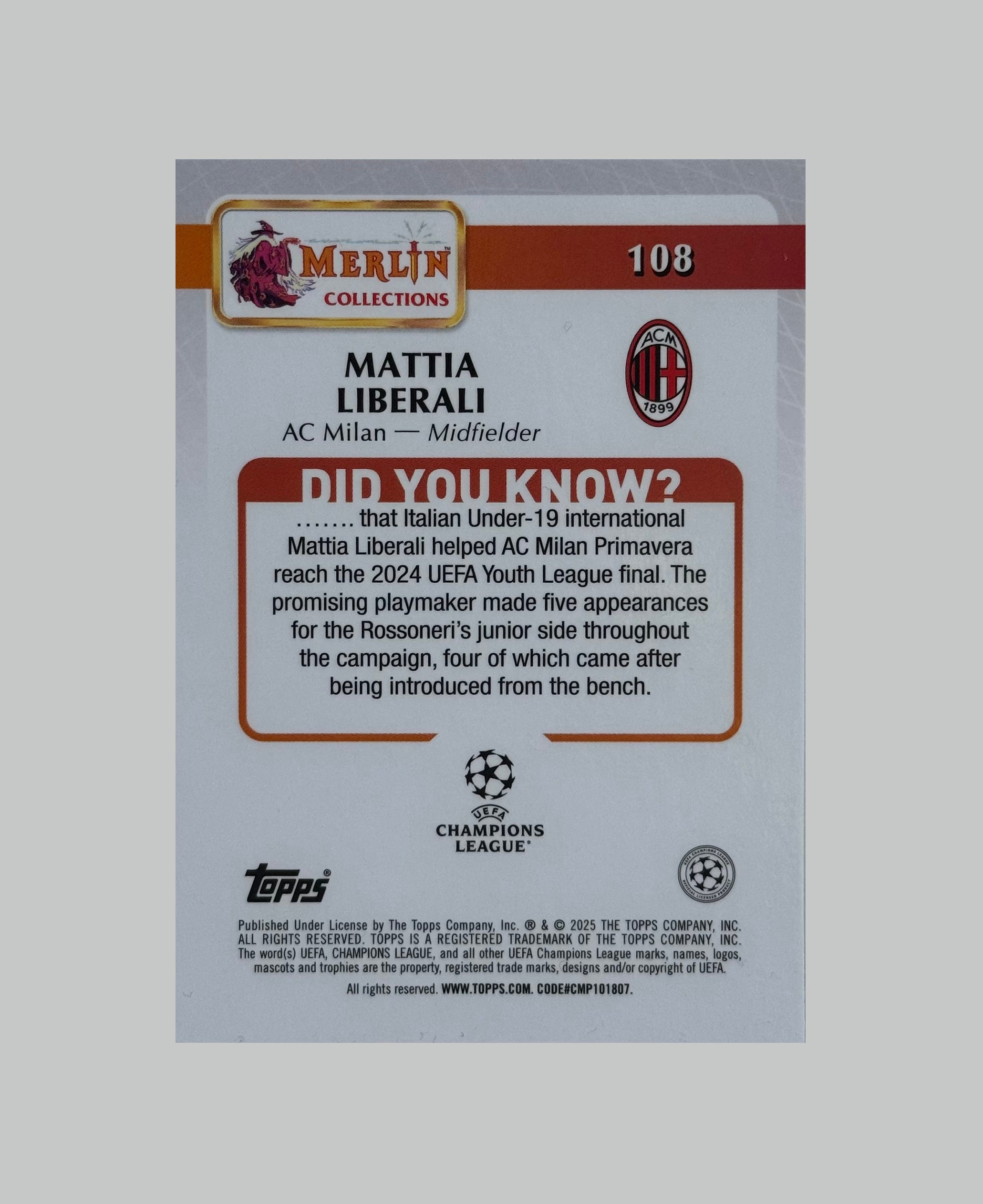 Topps Merlin 2024-25 Mattia Liberali (RC) 78/150