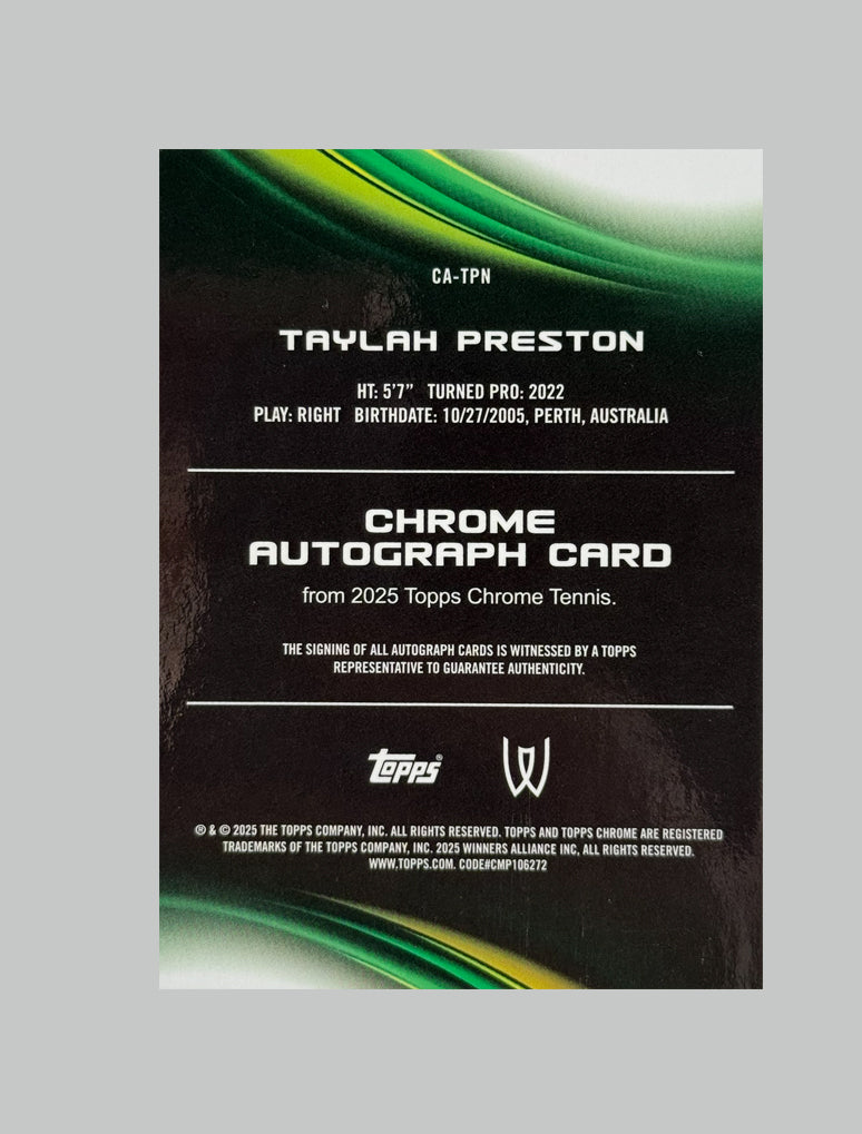 Topps Chrome Tennis 2025 Taylah Preston Auto