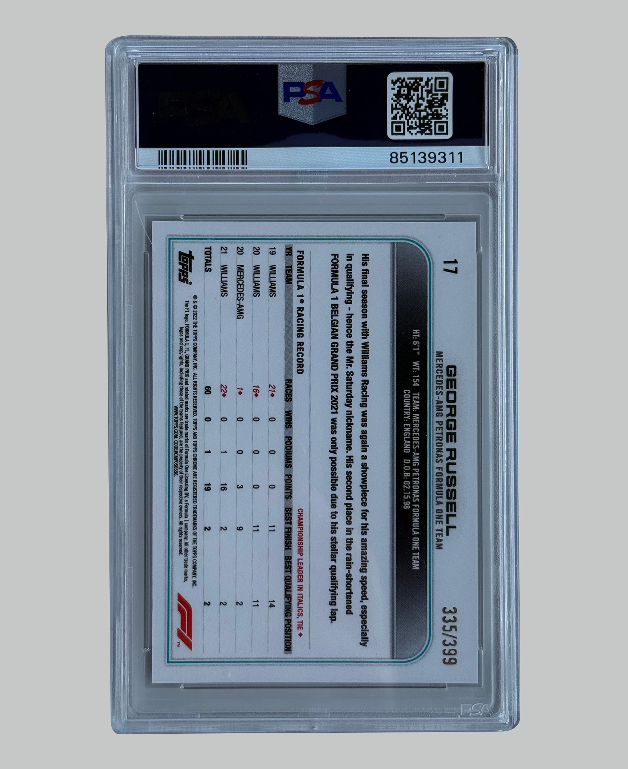 Topps Chrome F1 2022 George Russell 335/399 PSA 10