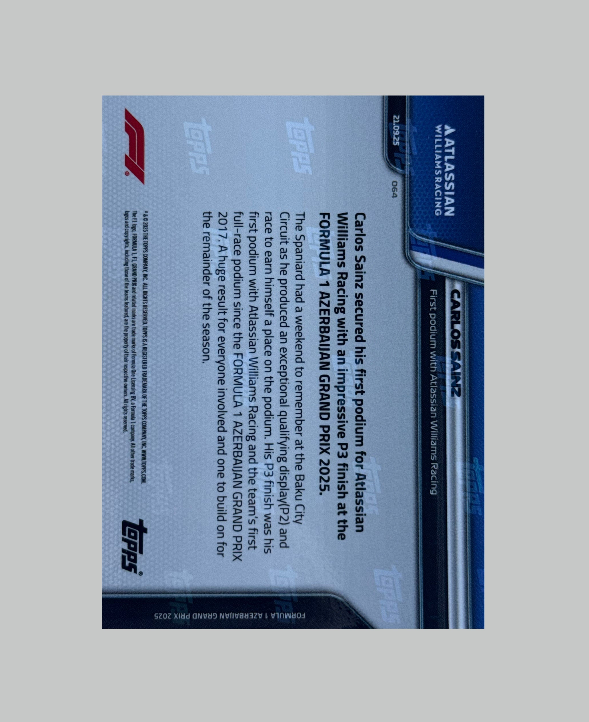 Topps Now Carlos Sainz First podium with Williams