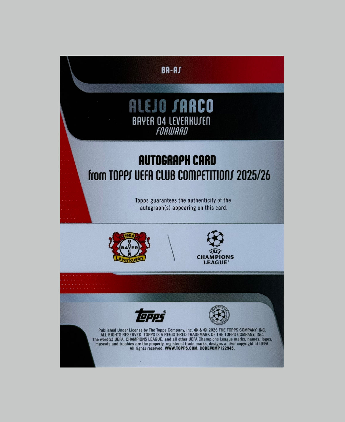 Topps UCC 2025-26 Alejo Sarco (RC) Auto
