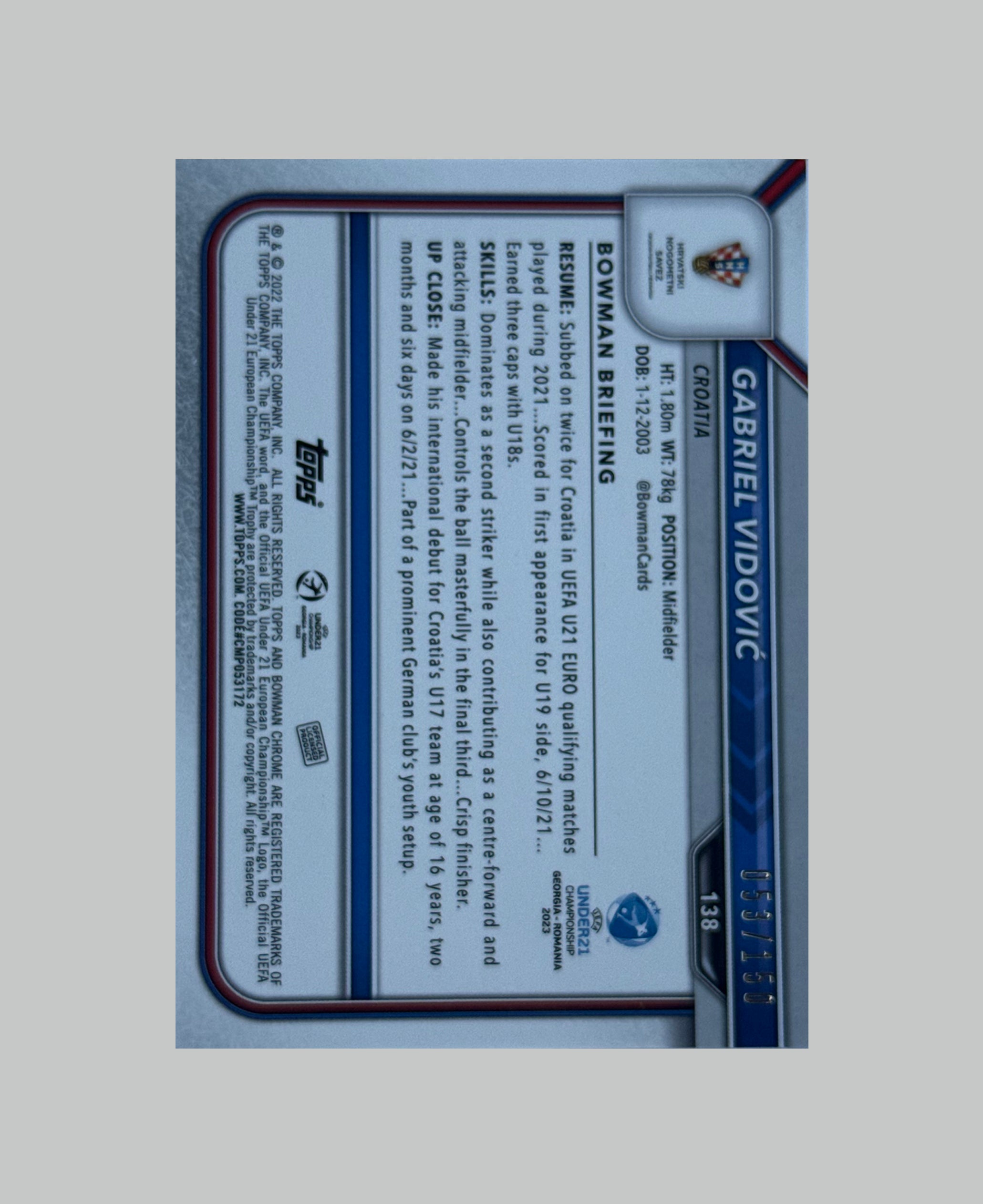 Topps Bowman Chrome UEFA U21 Gabriel Vidovic 053/150