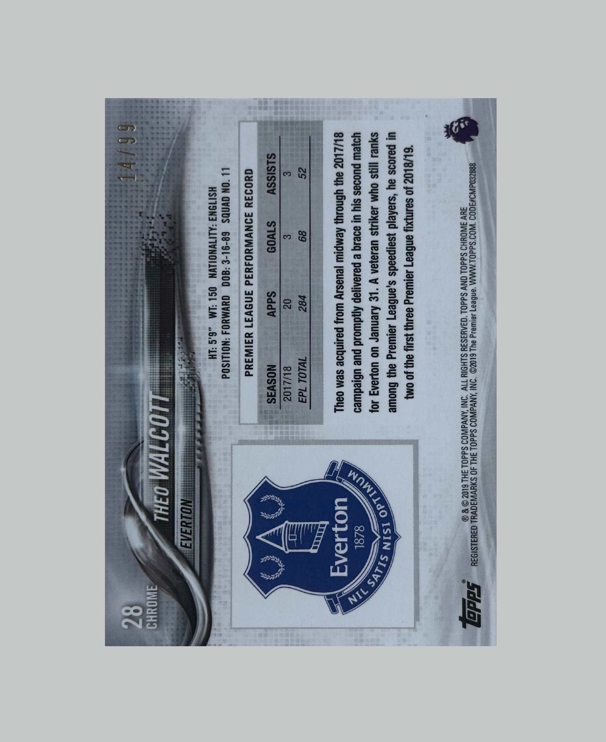 Topps Chrome Premier League 2019 Theo Walcott 14/99