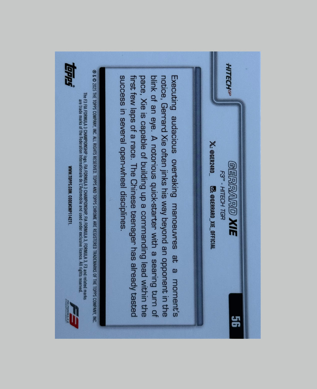 Topps Chrome F1 2025 Gerrad Xie (1st) 226/250