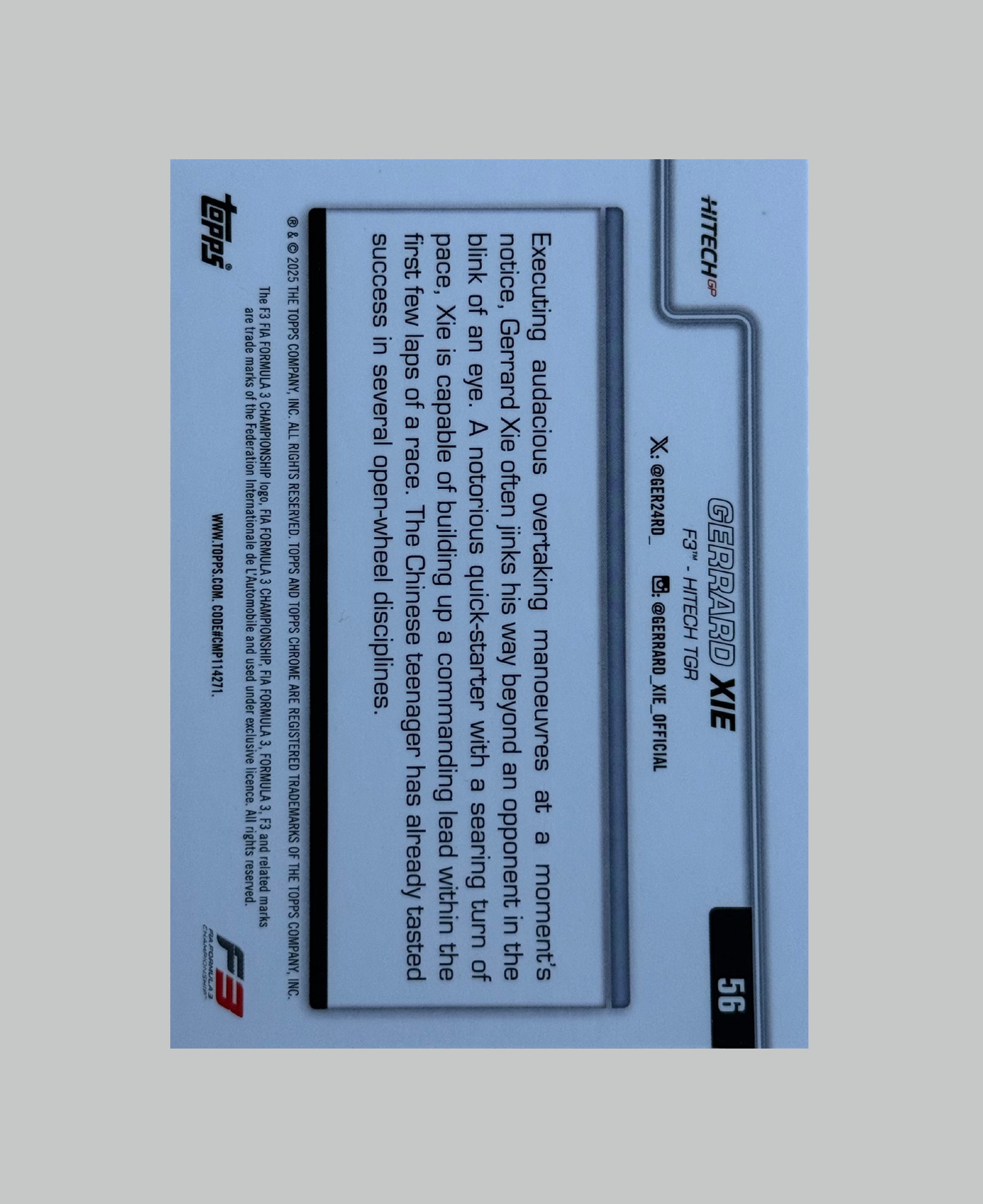 Topps Chrome F1 2025 Gerrad Xie (1st) 226/250