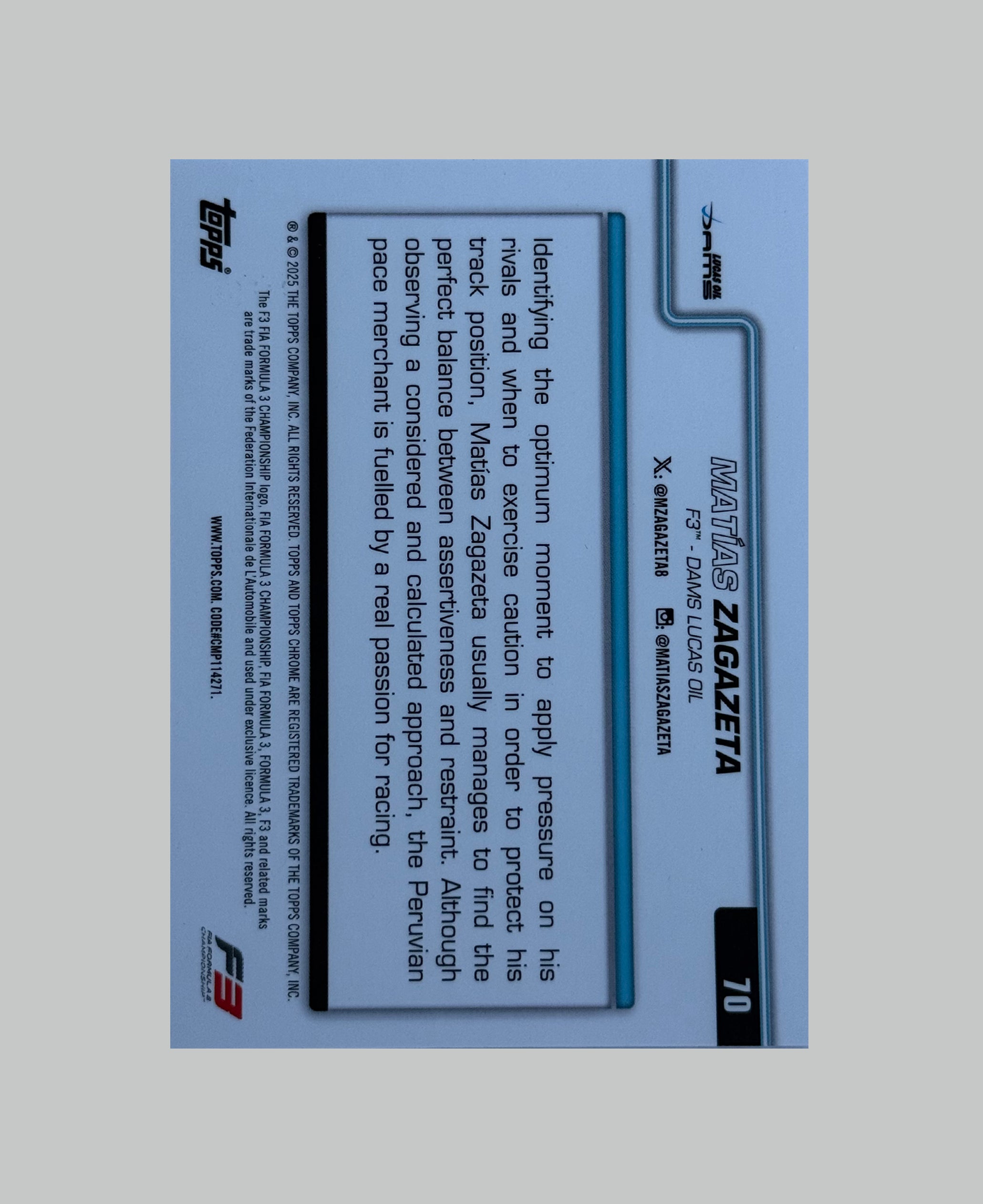 Topps Chrome F1 2025 Matias Zagazeta 038/150