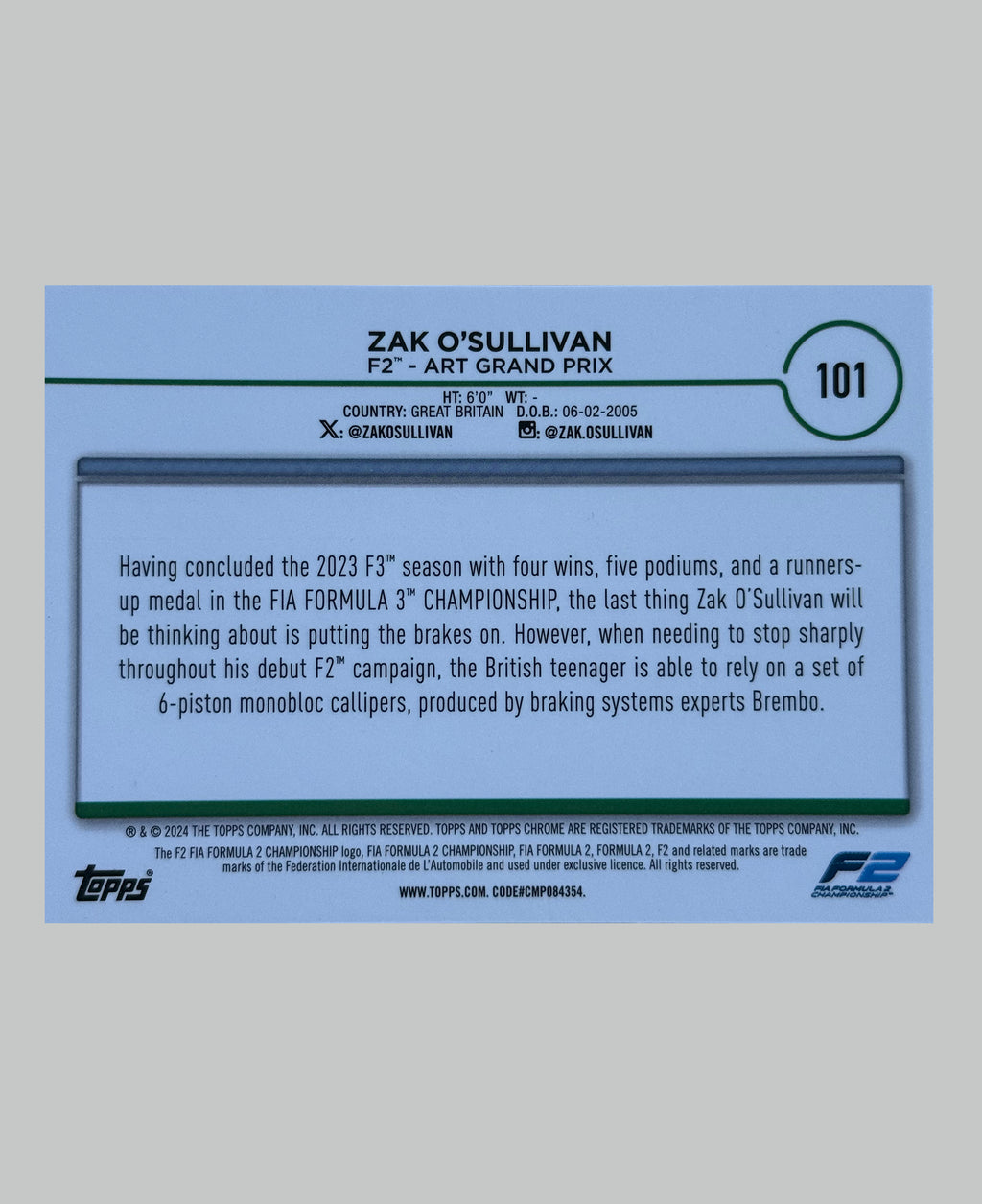 Topps Chrome 2024 Zak O'Sullivan Checker Flag